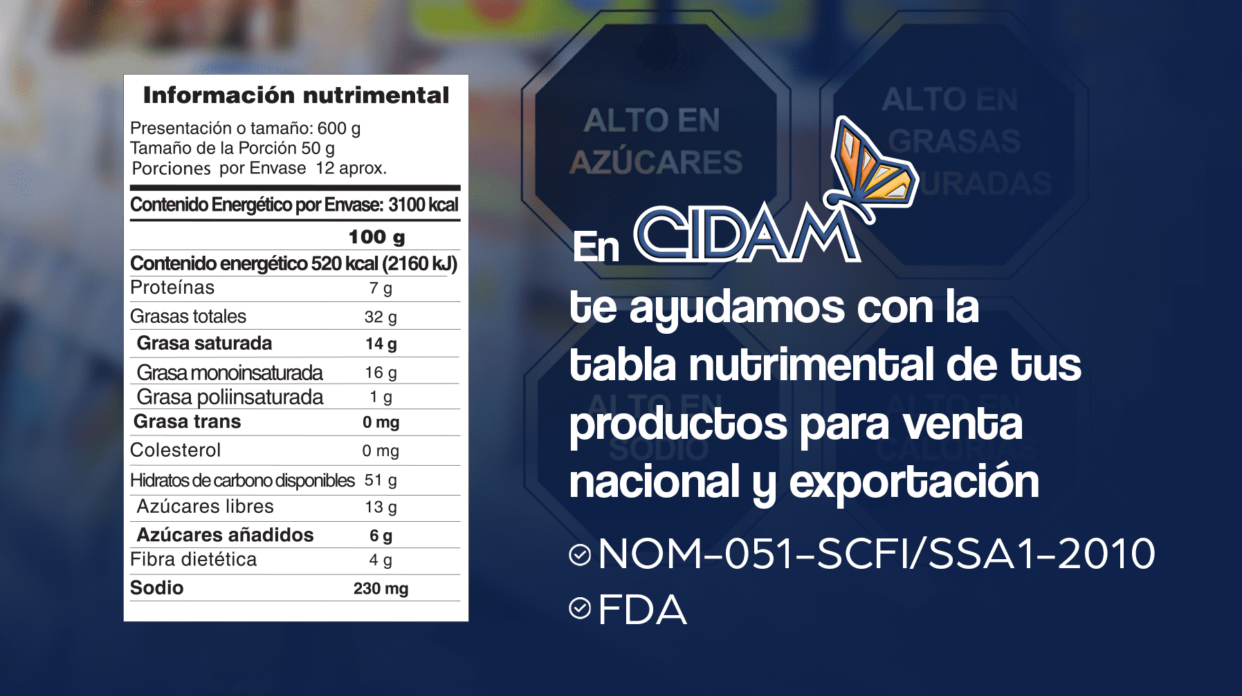 NOM-051-SCFI/SSA1-2010 Tabla nutrimental CIDAM